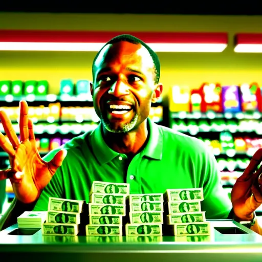 Prompt: (ultra-detailed) Man standing in line at grocery store cash register, (frightened expression), (green dollars in hand), cashier with hands out ready to receive money, vibrant colors, large dollar number on cash register sign, comedic atmosphere, busy grocery store background, (photorealistic), bright lighting, engaging and lively ambiance, capturing the humor in the scenario.