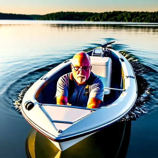 Prompt: Man in small silver aluminum motorboat, (white outboard motor) gliding on smooth lake water, creating a small wake behind, (dusk ambiance) with a serene overhead moon casting gentle light, (peaceful atmosphere) punctuated by dim colors, (hyper-realistic) texture, ultra-detailed rendering, tranquil reflections on the water, expansive sky transitioning to twilight hues, calmness enveloping the scene. 