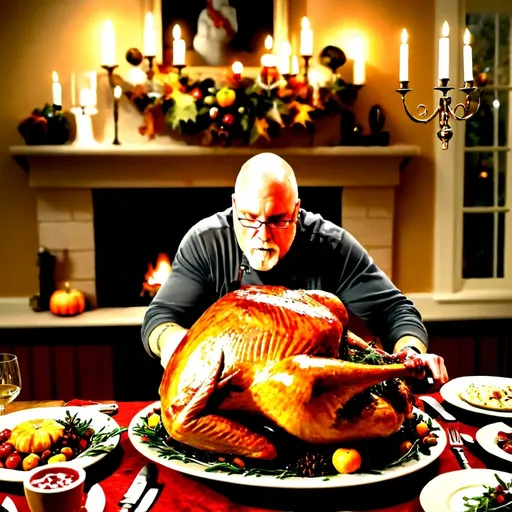 Prompt: (photorealistic) Man carving cooked turkey with a large knife, comedic scene, hyper-realistic details, Thanksgiving table setting with rich autumn hues, festive decorations, carefully arranged plates and cutlery, warm lighting creating a cozy atmosphere, overflowing with fall-themed elements, ultra-detailed, focus on expression of joy and humor during the feast.