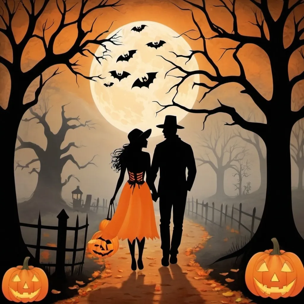 Prompt: (happy Halloween-themed love stories), (romantic atmosphere), spooky settings, eerie moonlight, intertwined silhouettes, vintage Halloween elements, soft glowing pumpkins, whimsical fall leaves, expressive figures, captivating expressions, misty backgrounds, rich colors of orange and black, (ultra-detailed), mystical energy in the air, adding charm and whimsy, narrative moments of connection and warmth, enchanting overall vibe.