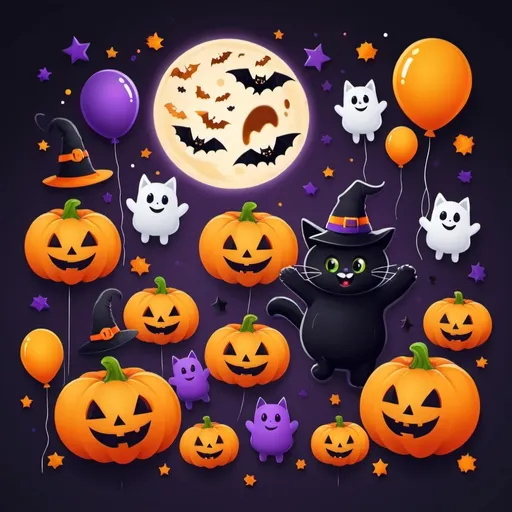 Prompt: Create a vibrant and adorable Halloween-themed image to celebrate reaching 900 members in our group. The design should be colorful and full of Halloween elements like cute ghosts, smiling pumpkins, friendly witches, and playful black cats. Include festive decorations like candy, stars, and balloons. 