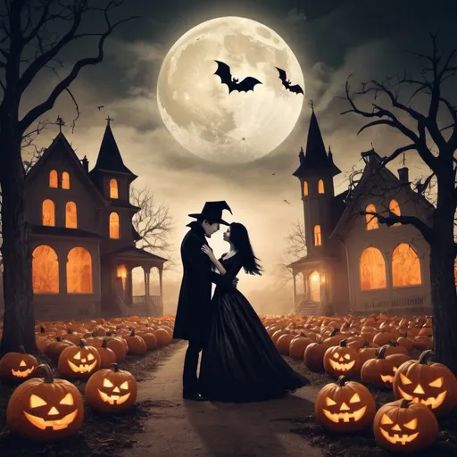 Prompt: Create a series of images illustrating Halloween-themed love stories. Each image should blend romance with classic Halloween elements such as pumpkins, ghosts, witches, vampires, and moonlit graveyards. The scenes might include a couple sharing a magical moment in a pumpkin patch, ghostly lovers meeting under a full moon, or a vampire and witch dancing in a haunted ballroom. The overall aesthetic should be both spooky and enchanting, capturing the eerie yet romantic essence of Halloween.