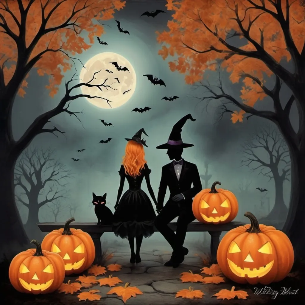 Prompt: (happy Halloween-themed love stories), (romantic atmosphere), spooky settings, eerie moonlight, intertwined silhouettes, vintage Halloween elements, soft glowing pumpkins, whimsical fall leaves, expressive figures, captivating expressions, misty backgrounds, rich colors of orange and black, (ultra-detailed), mystical energy in the air, adding charm and whimsy, narrative moments of connection and warmth, enchanting overall vibe.