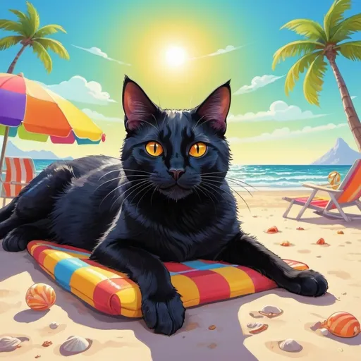 Prompt: black cat basking on the sunny beach, vivid and colorful, high quality, cartoonish, vibrant colors, beach setting,  bright sunny day, detailed features, fun and whimsical, summer fun, playful and energetic, highres, cartoon, beach, vibrant, spooky, detailed, colorful, summer vibes