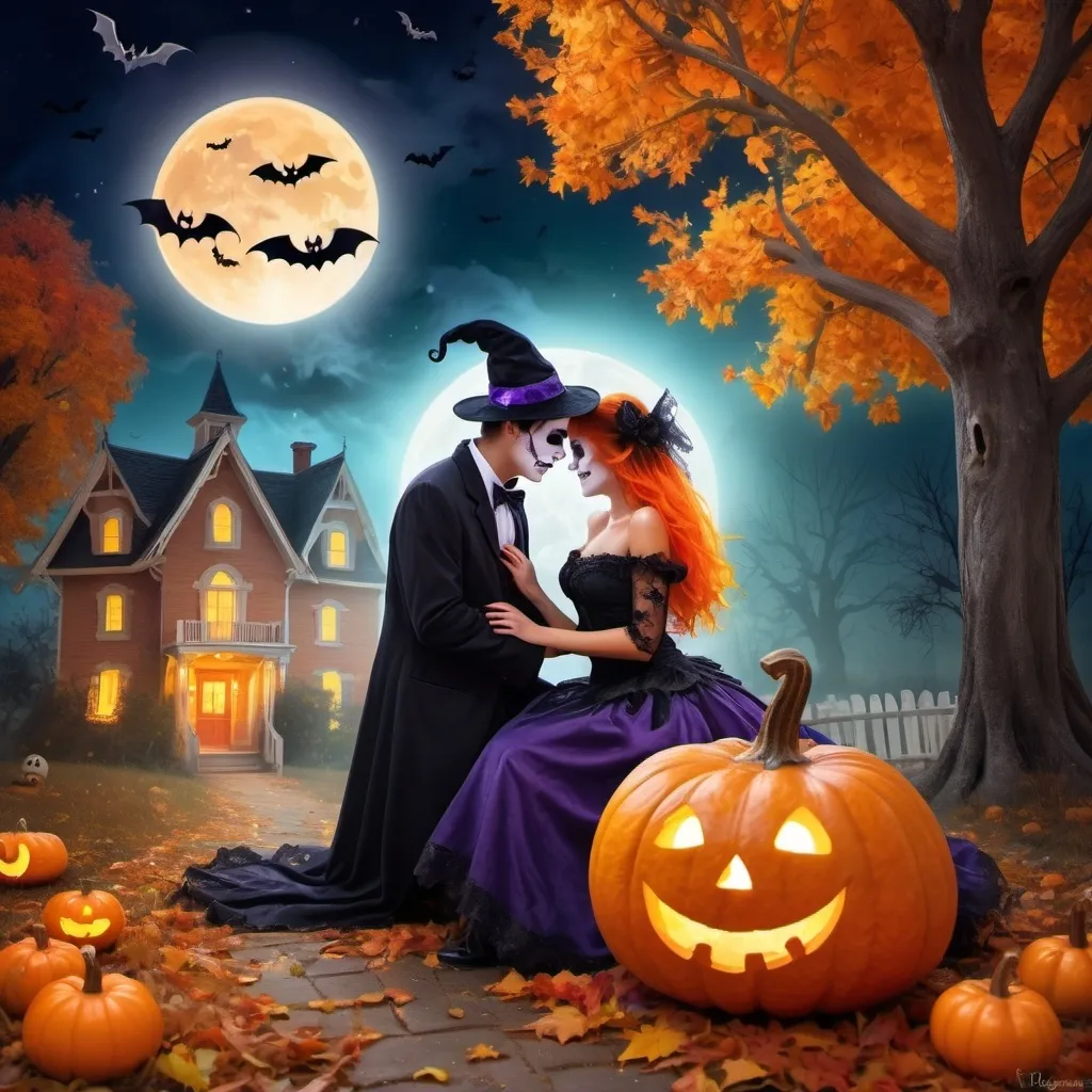 Prompt: Halloween love story, bright and colorful