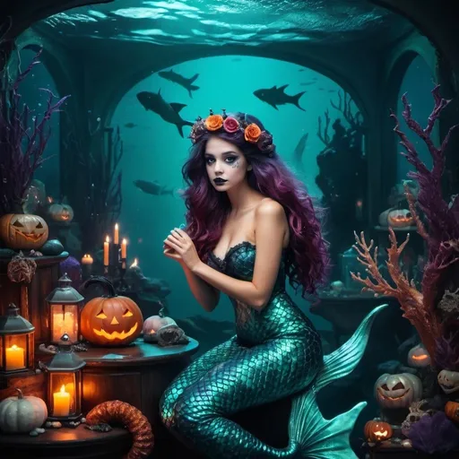 Prompt: Enchanting Valloween scene of siren, spooky and romantic accessories, vivid color palette, underwater setting, detailed scales, festive mood, high quality, whimsical, fantasy, mermaid, romantic, spooky, underwater, detailed accessories, celebration, atmospheric lighting