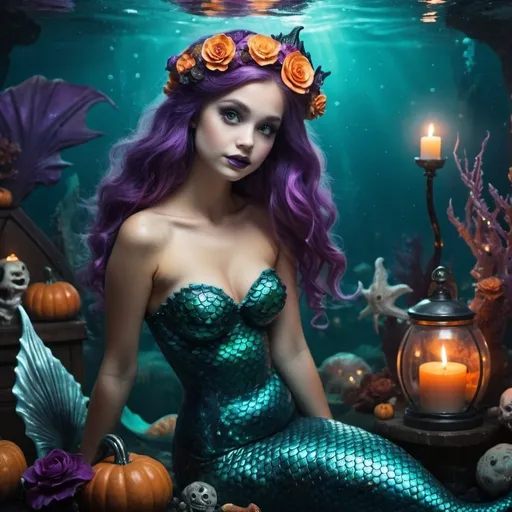 Prompt: Enchanting Valloween scene of mermaid, spooky and romantic accessories, vivid color palette, underwater setting, detailed scales, festive mood, high quality, whimsical, fantasy, mermaid, romantic, spooky, underwater, detailed accessories, celebration, atmospheric lighting