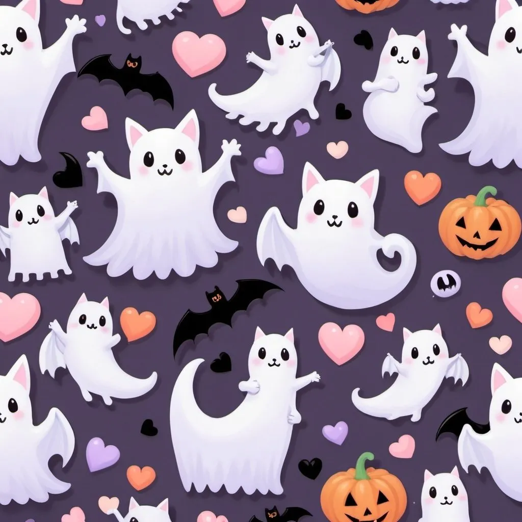 Prompt: A pastel filled image combining Halloween and Valetines day with ghosts and cats and bat and hearts and bows
