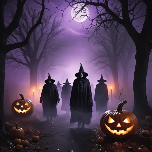 Prompt: (accurately spelled text "Invite your friends to our group!"), spooky Halloween theme, eerie atmosphere, ghostly figures, glowing pumpkins, cobwebs, dark forest background, cool tone with vibrant purples and deep blacks, haunting mist, inviting yet mysterious vibe, captivating illustrations, high-quality detail, 4K resolution.