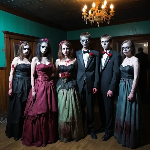 Prompt: Zombie prom night, eerie and haunting atmosphere, decaying prom venue, elegant decaying formal attire, dramatic and moody lighting, spooky and ethereal, high quality, detailed decay, zombie horde, horror, formal decay, eerie lighting, colorful