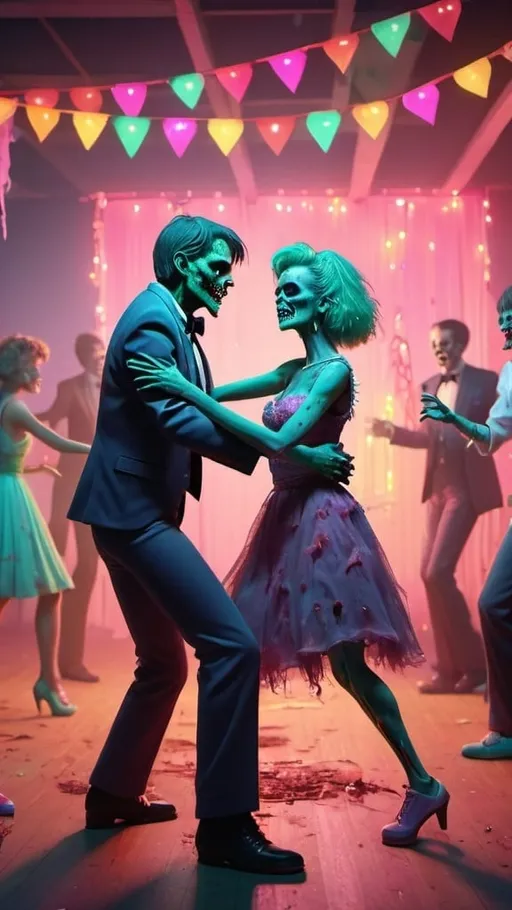 Prompt: Detailed 3D rendering of energetic, romantic zombie couples dancing at the vibrant 1985 prom, colorful retro decorations, detailed decay, pastel tones, high quality, retro, 80s, prom, zombie, dancing, vibrant, joyful, party lights, undead, fun, detailed, atmosphere, romantic, neon lighting