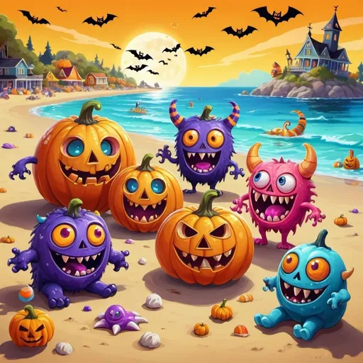 Prompt: Halloween monsters basking on the sunny beach, vivid and colorful, high quality, cartoonish, vibrant colors, beach setting, spooky creatures, bright sunny day, detailed features, fun and whimsical, summer fun, playful and energetic, highres, cartoon, beach, vibrant, spooky, detailed, colorful, summer vibes