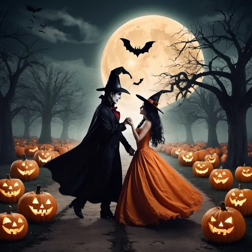 Prompt: Create a series of images illustrating Halloween-themed love stories. Each image should blend romance with classic Halloween elements such as pumpkins, ghosts, witches, vampires, and moonlit graveyards. The scenes might include a couple sharing a magical moment in a pumpkin patch, ghostly lovers meeting under a full moon, or a vampire and witch dancing in a haunted ballroom. The overall aesthetic should be both spooky and enchanting, capturing the eerie yet romantic essence of Halloween.