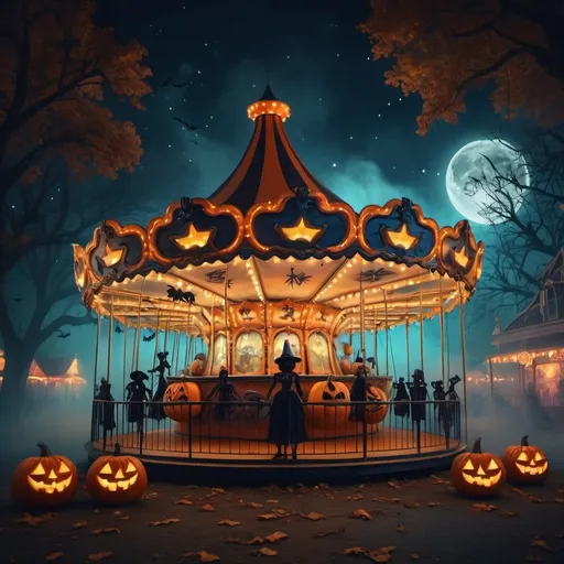 Prompt: Halloween-themed carousel, (spooktacular decorations) with carved pumpkins illuminating the scene, ghostly figures swirling around, (eerily moonlit atmosphere), surrounded by eerie fog and cobwebs, dark yet vibrant colors, vintage carnival style, (whimsical) yet haunting ambiance, (4K), ultra-detailed, the night sky filled with twinkling stars.