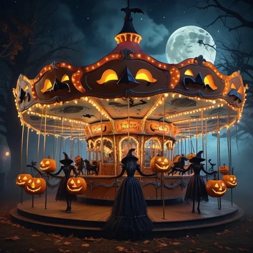 Prompt: Halloween-themed carousel, (spooktacular decorations) with carved pumpkins illuminating the scene, ghostly figures swirling around, (eerily moonlit atmosphere), surrounded by eerie fog and cobwebs, dark yet vibrant colors, vintage carnival style, (whimsical) yet haunting ambiance, (4K), ultra-detailed, the night sky filled with twinkling stars.