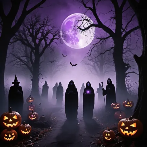 Prompt: (accurately spelled text "Invite your friends to our group!"), spooky Halloween theme, eerie atmosphere, ghostly figures, glowing pumpkins, cobwebs, dark forest background, cool tone with vibrant purples and deep blacks, haunting mist, inviting yet mysterious vibe, captivating illustrations, high-quality detail, 4K resolution.