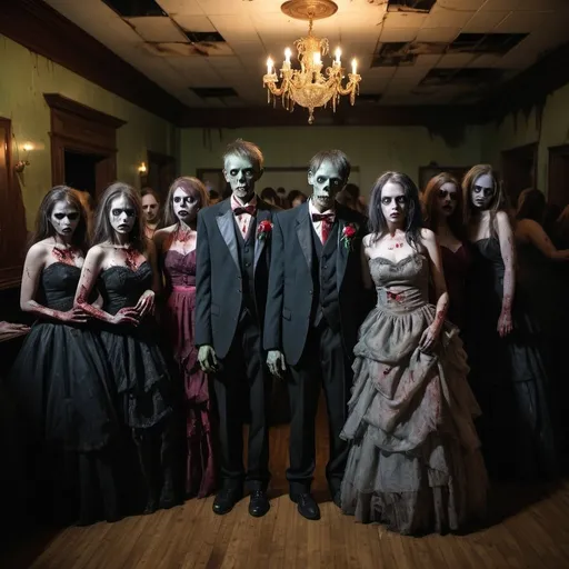 Prompt: Zombie prom night, eerie and haunting atmosphere, decaying prom venue, elegant decaying formal attire, dramatic and moody lighting, spooky and ethereal, high quality, detailed decay, zombie horde, horror, formal decay, eerie lighting