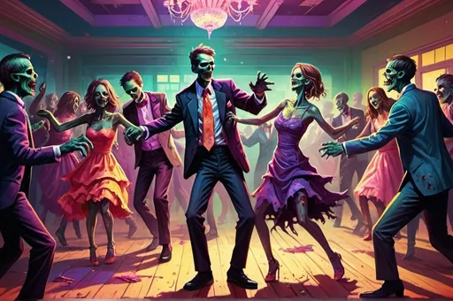 Prompt: Colorful illustration of zombies dancing at the prom, vibrant and bright, high energy, fun atmosphere, detailed decayed features, neon-lit dance floor, elegant decayed prom attire, dynamic poses, best quality, highres, vibrant colors, detailed decayed features, prom setting, energetic, dynamic lighting