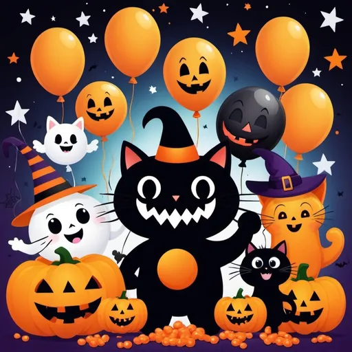 Prompt: Create a vibrant and adorable Halloween-themed image to celebrate reaching 900 members in our group. The design should be colorful and full of Halloween elements like cute ghosts, smiling pumpkins, friendly witches, and playful black cats. Include festive decorations like candy, stars, and balloons. Add the text 'Hooray! 900 Members!' in a fun and cheerful font. Make sure the overall vibe is joyful and celebratory, with a touch of spooky charm.