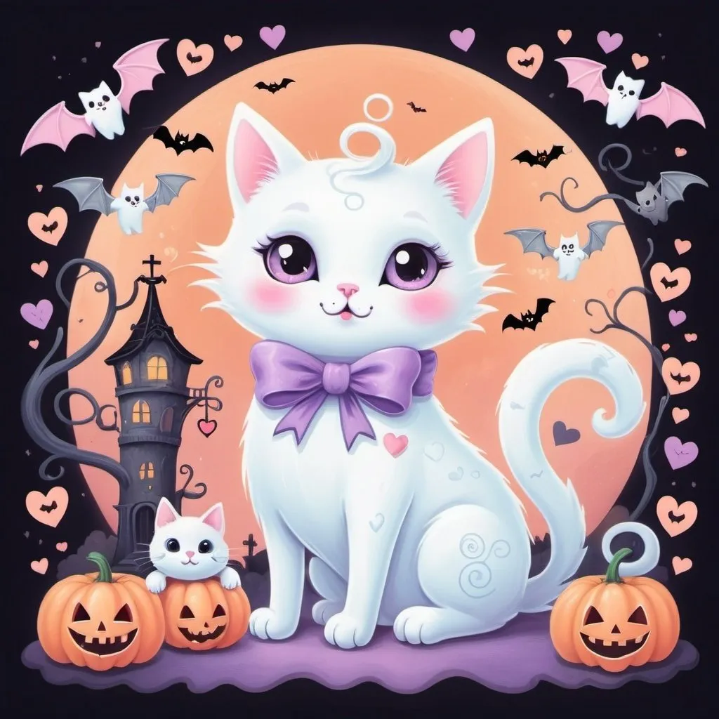 Prompt: Pastel Halloween and Valentine's Day illustration with a cute ghost cat, bats, hearts, bows, whimsical setting, soft pastel colors, adorable and spooky fusion, high quality, detailed illustration, pastel colors, hearts, bows, whimsical, adorable and spooky fusion, professional, soft lighting