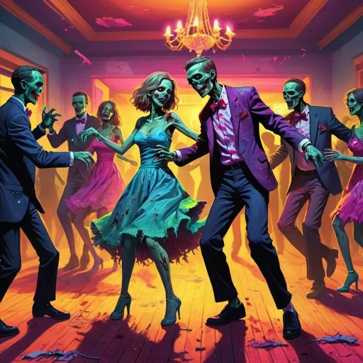 Prompt: Colorful illustration of zombies dancing at the prom, vibrant and bright, high energy, fun atmosphere, detailed decayed features, neon-lit dance floor, elegant decayed prom attire, dynamic poses, best quality, highres, vibrant colors, detailed decayed features, prom setting, energetic, dynamic lighting