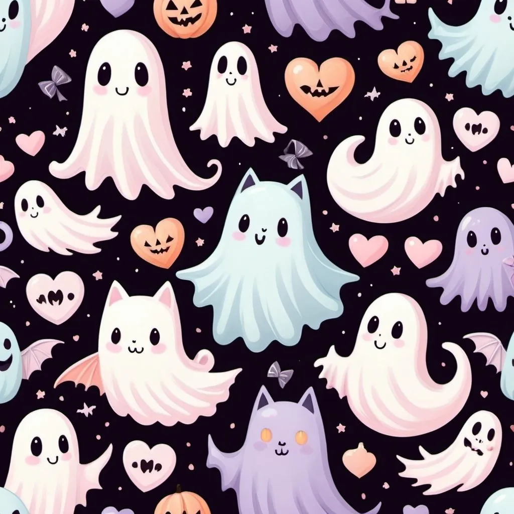 Prompt: Pastel Halloween and Valentine's Day illustration with cute ghosts, cats, bats, hearts, bows, whimsical setting, soft pastel colors, adorable and spooky fusion, high quality, detailed illustration, pastel colors, cute ghosts, cats, bats, hearts, bows, whimsical, adorable and spooky fusion, professional, soft lighting