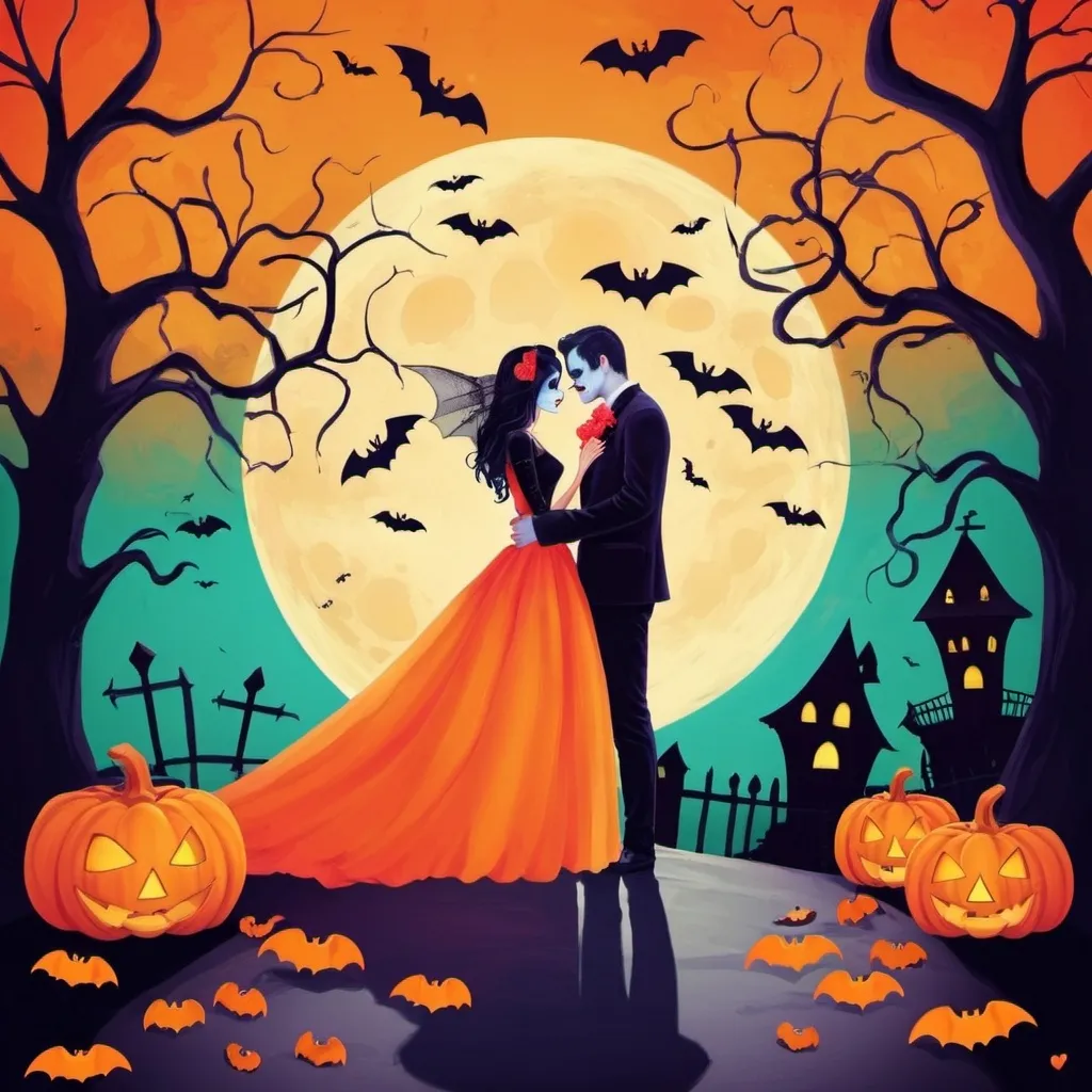 Prompt: Halloween love story, bright and colorful