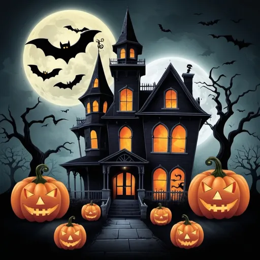 Prompt: Create an image with a spooky Halloween theme that encourages people to invite their friends to join a Facebook group. The image should include classic Halloween elements such as pumpkins, ghosts, bats, and a haunted house. The text on the image should read: 'Invite your friends to our group!' The overall design should be eye-catching, fun, and festive