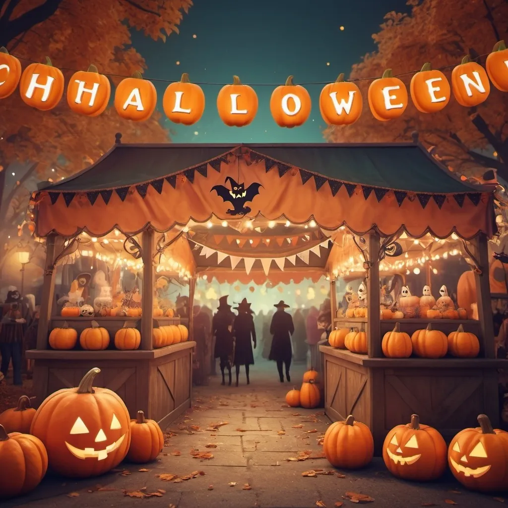 Prompt: (vintage style), bright color scheme, (Halloween theme carnival), whimsical atmosphere, detailed decorations, enchanting lights, vintage stalls, cheerful characters in costumes, playful shadows, festive ambiance, soft textures, enchanting autumn leaves, gentle glow, high detail, 4K quality, warm hues, charming background with pumpkins and festive banners.