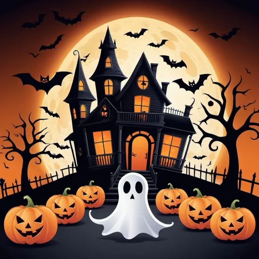 Prompt: Create an image with a spooky Halloween theme that encourages people to invite their friends to join a Facebook group. The image should include classic Halloween elements such as pumpkins, ghosts, bats, and a haunted house. The text on the image should read: 'Invite your friends to our group!' The overall design should be eye-catching, fun, and festive