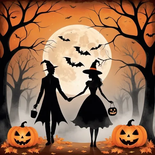 Prompt: (happy Halloween-themed love stories), (romantic atmosphere), spooky settings, eerie moonlight, intertwined silhouettes, vintage Halloween elements, soft glowing pumpkins, whimsical fall leaves, expressive figures, captivating expressions, misty backgrounds, rich colors of orange and black, (ultra-detailed), mystical energy in the air, adding charm and whimsy, narrative moments of connection and warmth, enchanting overall vibe.