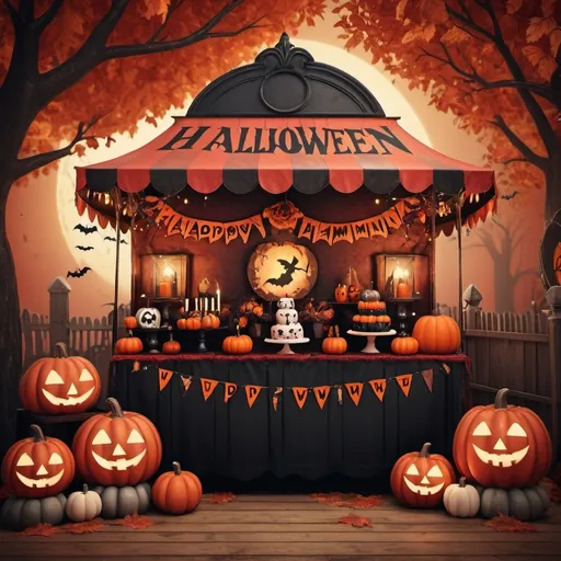 Prompt: (vintage style), red and black color scheme, (Halloween theme carnival), whimsical atmosphere, detailed decorations, enchanting lights, vintage stalls, cheerful characters in costumes, playful shadows, festive ambiance, soft textures, enchanting autumn leaves, gentle glow, high detail, 4K quality, warm hues, charming background with pumpkins and festive banners.