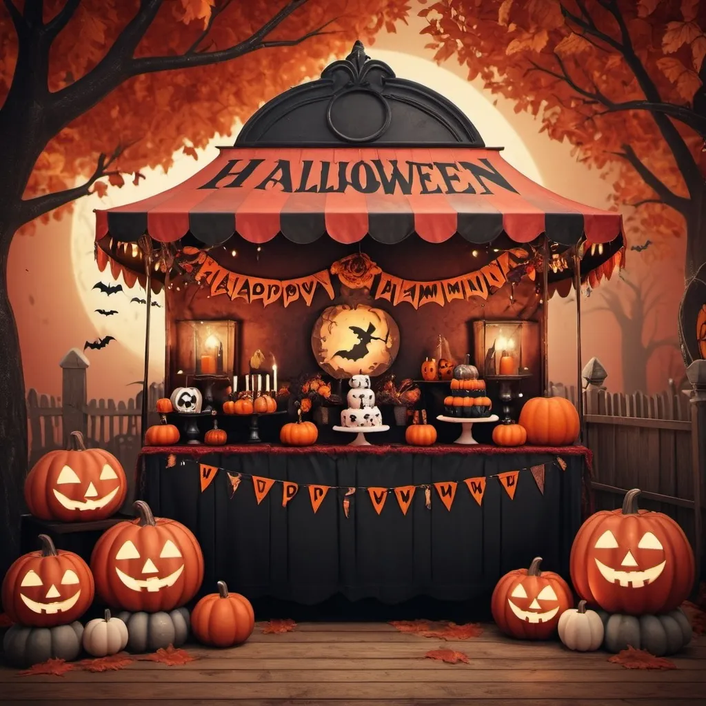 Prompt: (vintage style), red and black color scheme, (Halloween theme carnival), whimsical atmosphere, detailed decorations, enchanting lights, vintage stalls, cheerful characters in costumes, playful shadows, festive ambiance, soft textures, enchanting autumn leaves, gentle glow, high detail, 4K quality, warm hues, charming background with pumpkins and festive banners.