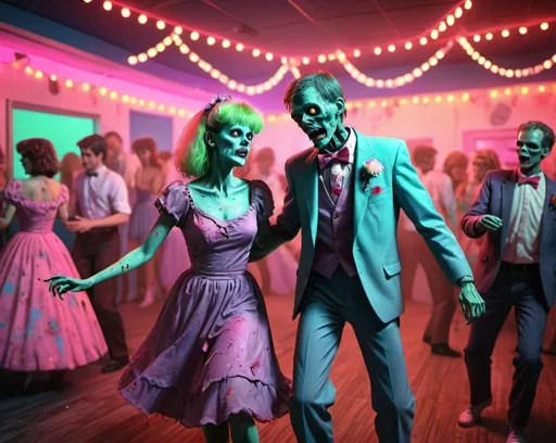 Prompt: Zombie couple dancing at the 1985 prom, vibrant retro decorations, joyful atmosphere, high quality, detailed 3D rendering, colorful, retro, 80s, prom, zombie, dancing, vibrant, joyful, detailed, party lights, undead, fun, energetic, romantic, atmosphere, detailed decay, pastel tones, neon lighting