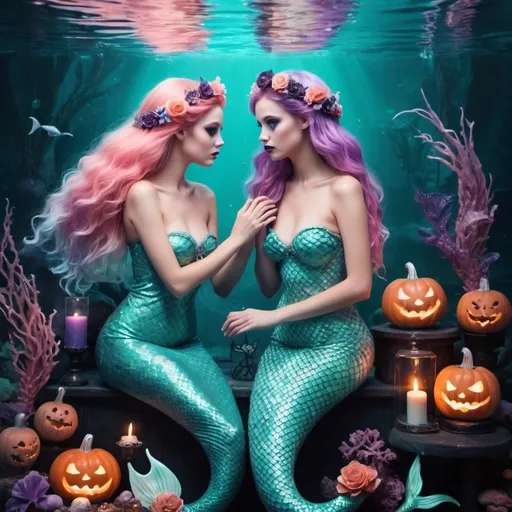 Prompt: Enchanting Valloween scene of mermaids, spooky and romantic accessories, vivid and pastel color palette, underwater setting, detailed scales, festive mood, high quality, whimsical, fantasy, mermaids, pastel colors, romantic, spooky, underwater, detailed accessories, celebration, pastel colors, atmospheric lighting