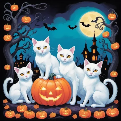 Prompt: Create a vibrant and whimsical artwork featuring ghost cats celebrating Valloween. Infuse the scene with the playful spirit of Halloween and the romantic essence of Valentine's Day using a bright and colorful palette. Imagine ghost cats with glowing, translucent fur adorned with cute and spooky accessories like heart-shaped masks, tiny pumpkins, and bat-winged bows. The setting should be a fantastical landscape filled with neon-lit pumpkins, colorful floating hearts, and enchanted, glowing decorations, blending the charm of ghostly cats with the festive energy of Valloween
