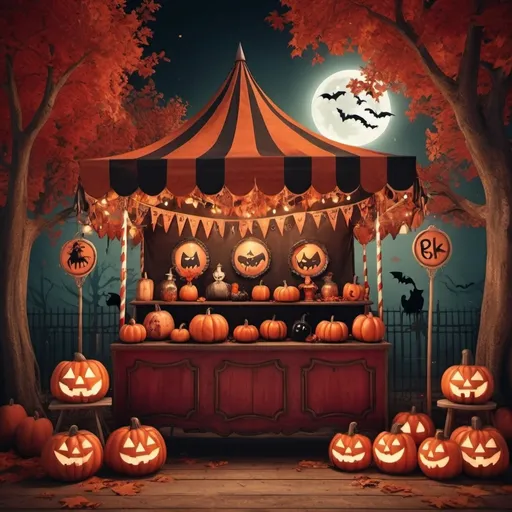 Prompt: (vintage style), red and black color scheme, (Halloween theme carnival), whimsical atmosphere, detailed decorations, enchanting lights, vintage stalls, cheerful characters in costumes, playful shadows, festive ambiance, soft textures, enchanting autumn leaves, gentle glow, high detail, 4K quality, warm hues, charming background with pumpkins and festive banners.