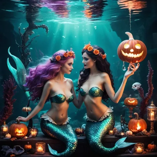 Prompt: Enchanting Valloween scene of mermaids, spooky and romantic accessories, vivid color palette, underwater setting, detailed scales, festive mood, high quality, whimsical, fantasy, mermaids, romantic, spooky, underwater, detailed accessories, celebration, atmospheric lighting