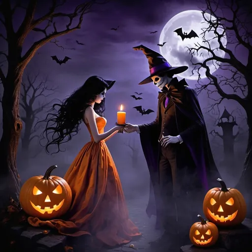 Prompt: Halloween-themed love stories, (spooky and enchanting) ambiance, intertwining romance with classic Halloween elements, dimly lit atmosphere with flickering candles, ghostly figures intertwined in heart-shaped silhouettes, vibrant orange and deep purple hues, hauntingly beautiful moonlight casting shadows, ultra-detailed, evoking a sense of eerie enchantment.