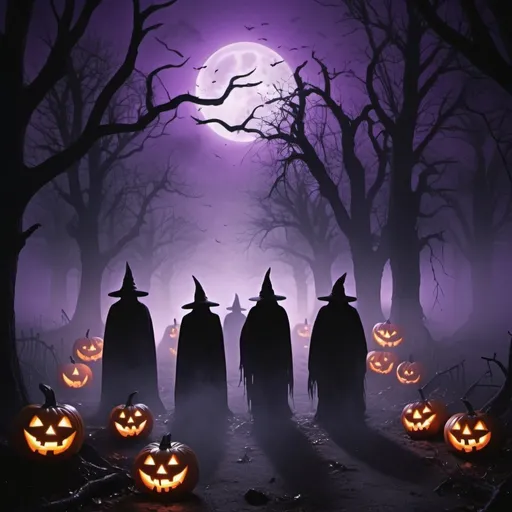 Prompt: (accurately spelled text "Invite your friends to our group!"), spooky Halloween theme, eerie atmosphere, ghostly figures, glowing pumpkins, cobwebs, dark forest background, cool tone with vibrant purples and deep blacks, haunting mist, inviting yet mysterious vibe, captivating illustrations, high-quality detail, 4K resolution.