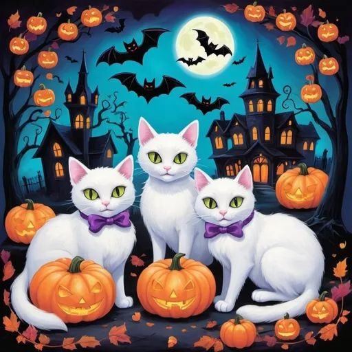 Prompt: Create a vibrant and whimsical artwork featuring ghost cats celebrating Valloween. Infuse the scene with the playful spirit of Halloween and the romantic essence of Valentine's Day using a bright and colorful palette. Imagine ghost cats with glowing, translucent fur adorned with cute and spooky accessories like heart-shaped masks, tiny pumpkins, and bat-winged bows. The setting should be a fantastical landscape filled with neon-lit pumpkins, colorful floating hearts, and enchanted, glowing decorations, blending the charm of ghostly cats with the festive energy of Valloween