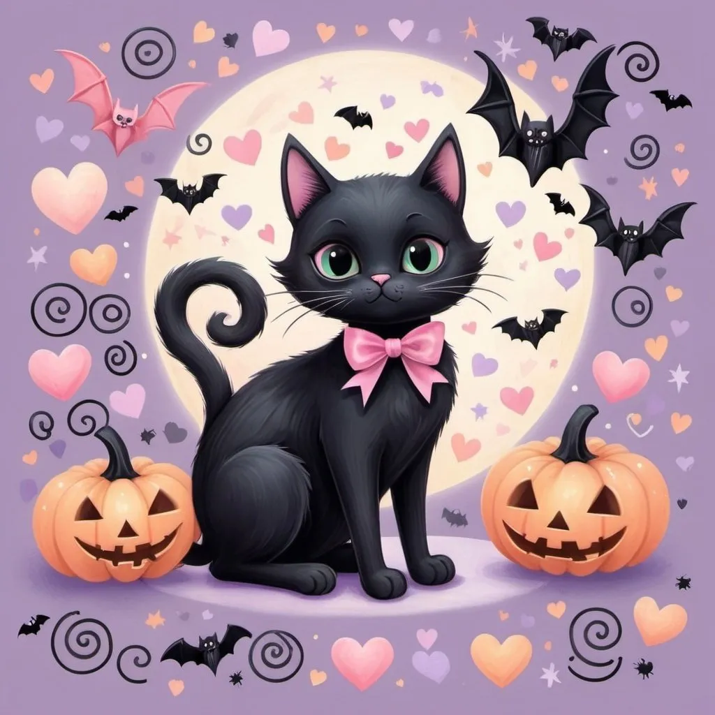 Prompt: Pastel Halloween and Valentine's Day illustration with a cute black cat, bats, hearts, bows, whimsical setting, soft pastel colors, adorable and spooky fusion, high quality, detailed illustration, pastel colors, hearts, bows, whimsical, adorable and spooky fusion, professional, soft lighting