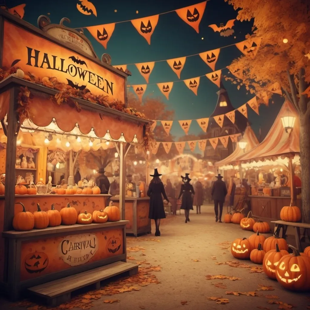 Prompt: (vintage style), bright color scheme, (Halloween theme carnival), whimsical atmosphere, detailed decorations, enchanting lights, vintage stalls, cheerful characters in costumes, playful shadows, festive ambiance, soft textures, enchanting autumn leaves, gentle glow, high detail, 4K quality, warm hues, charming background with pumpkins and festive banners.