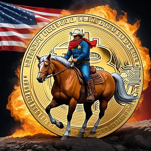 Prompt: Giant golden Bitcoin, American cowboy red white blue flag horse hurricane air earth fire thunder fire horse strong 
