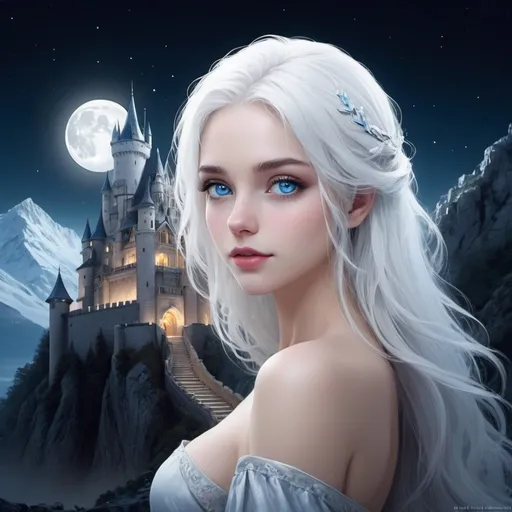 Prompt: white haired blue eyes, beauty, pale, mountain castle fantasy design, night time, moon light only