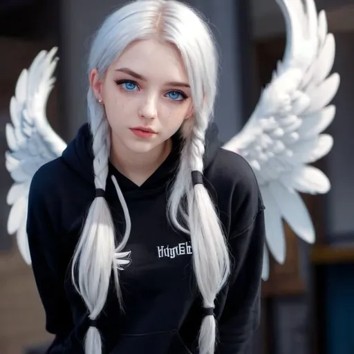 Prompt: Sensual 25 yr old woman, thic with straight white hair in pigtails, piercing blue eyes, black hoodie, angel wings neck tattoo, highres, 4k, realistic, detailed eyes, professional, moody lighting, schoolgirl, high school, school skirt