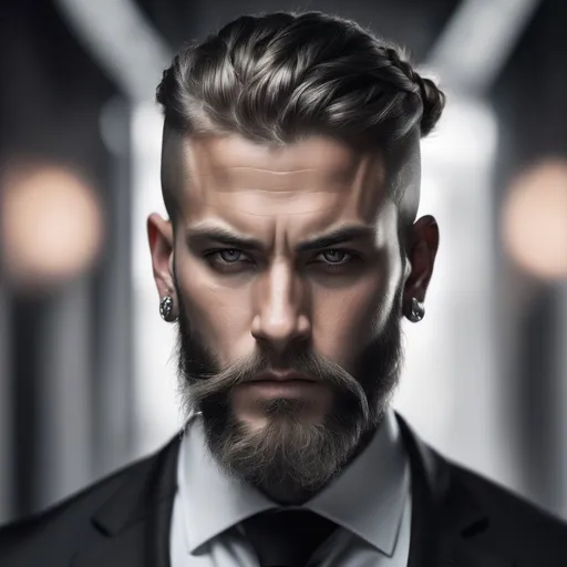 Prompt: Toned man in black suit with viking braided hair and styled beard, silver eyes, tall and broad, steel grey shirt, tattoos, ears pierced, professional, detailed facial features, highres, detailed, viking style, portrait, atmospheric lighting, sleek design, cool tones, professional, modern, urban setting