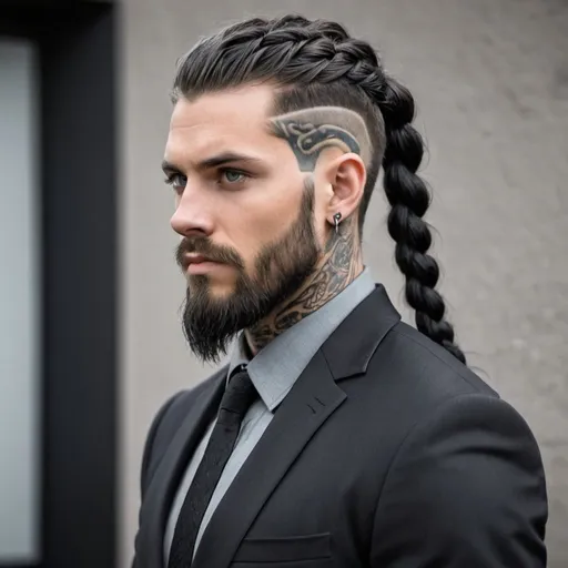 Prompt:  man, medium build, toned, black hair, viking braided hair, styled beard. Black suit, steel grey shirt, silver eyes, tattoos, 
Ears pierced  tall and broad. 