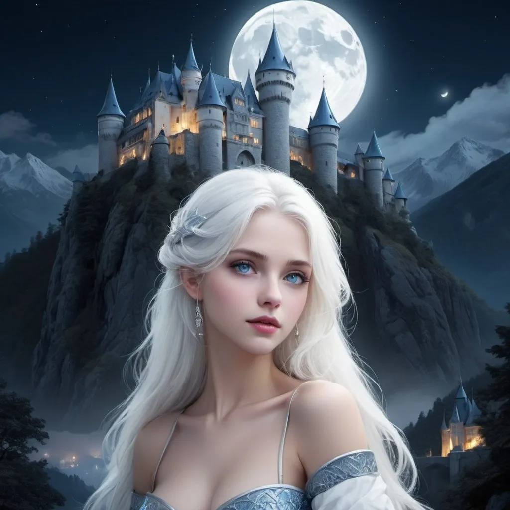 Prompt: white haired blue eyes, beauty, pale, mountain castle fantasy design, night time, moon light only