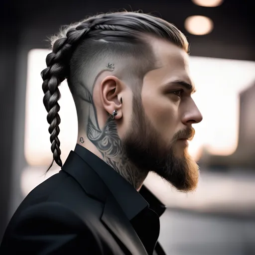 Prompt: Toned man in black suit with viking braided hair and styled beard, silver eyes, tall and broad, steel grey shirt, tattoos, ears pierced, professional, detailed facial features, highres, detailed, viking style, portrait, atmospheric lighting, sleek design, cool tones, professional, modern, urban setting